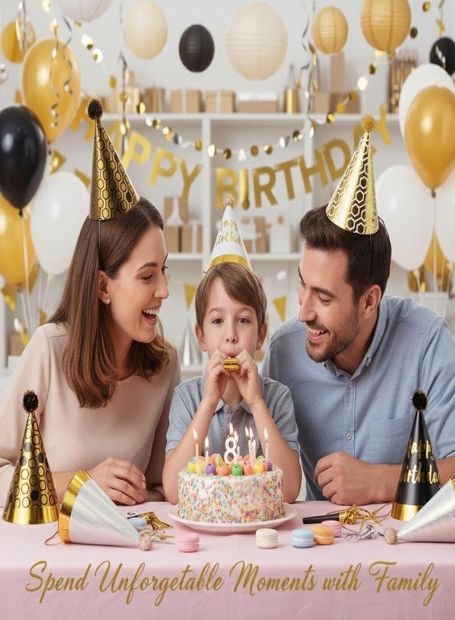 JOINPAYA 36 Pcs Birthday Party Cone Hats Set: Black Gold Party Supplies with 12 Paper Hats and 24 Noise Makers,Glitter Cone Paper Headwear for Kids and Adults - Image 2